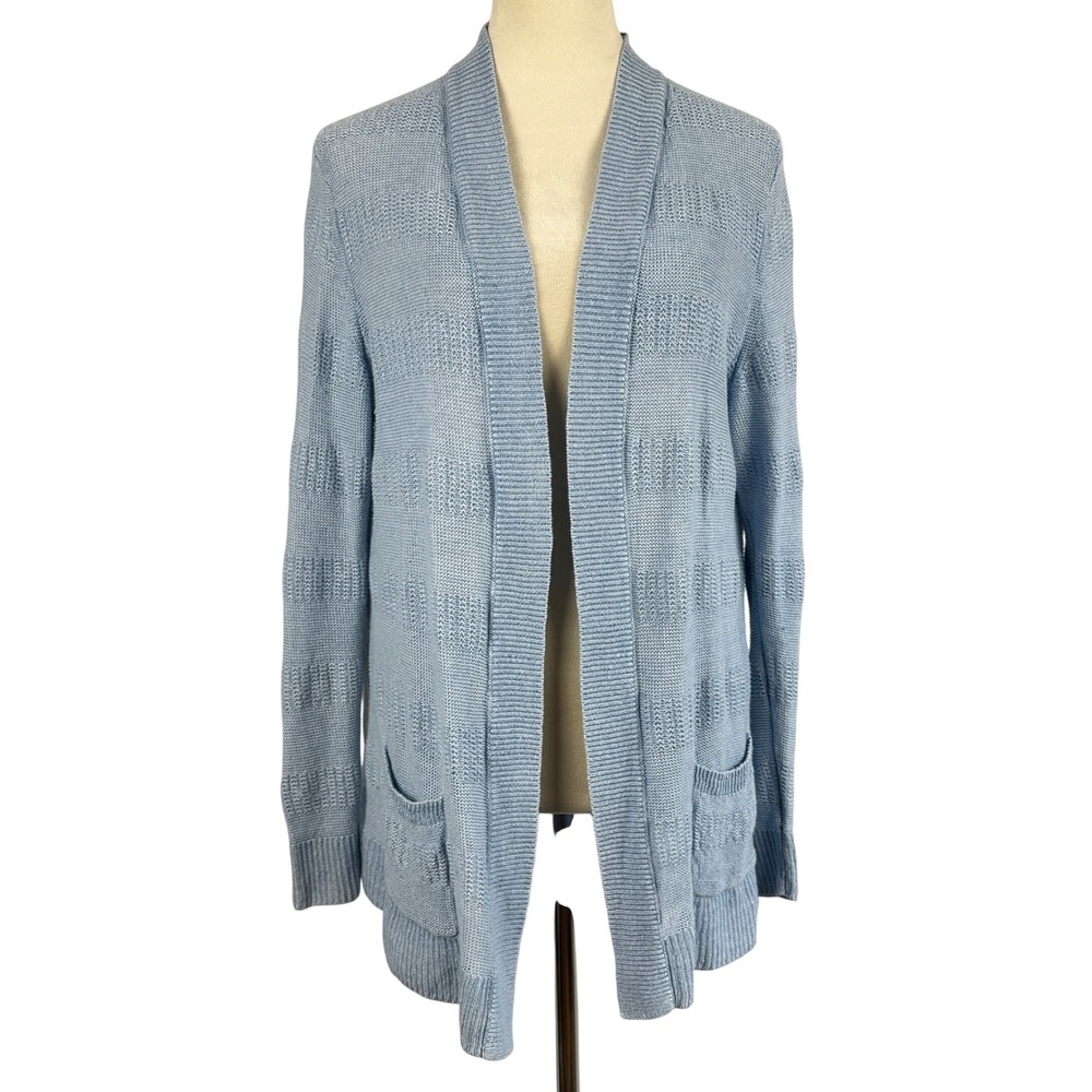 Talbots Light Blue 100% Linen Knit Open Front Cardigan Sweater Women Large Cozy